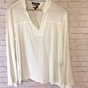 Tommy Hilfiger White Crinkle Gauze Split Neck Long Sleeve Beach Coastal Top XL